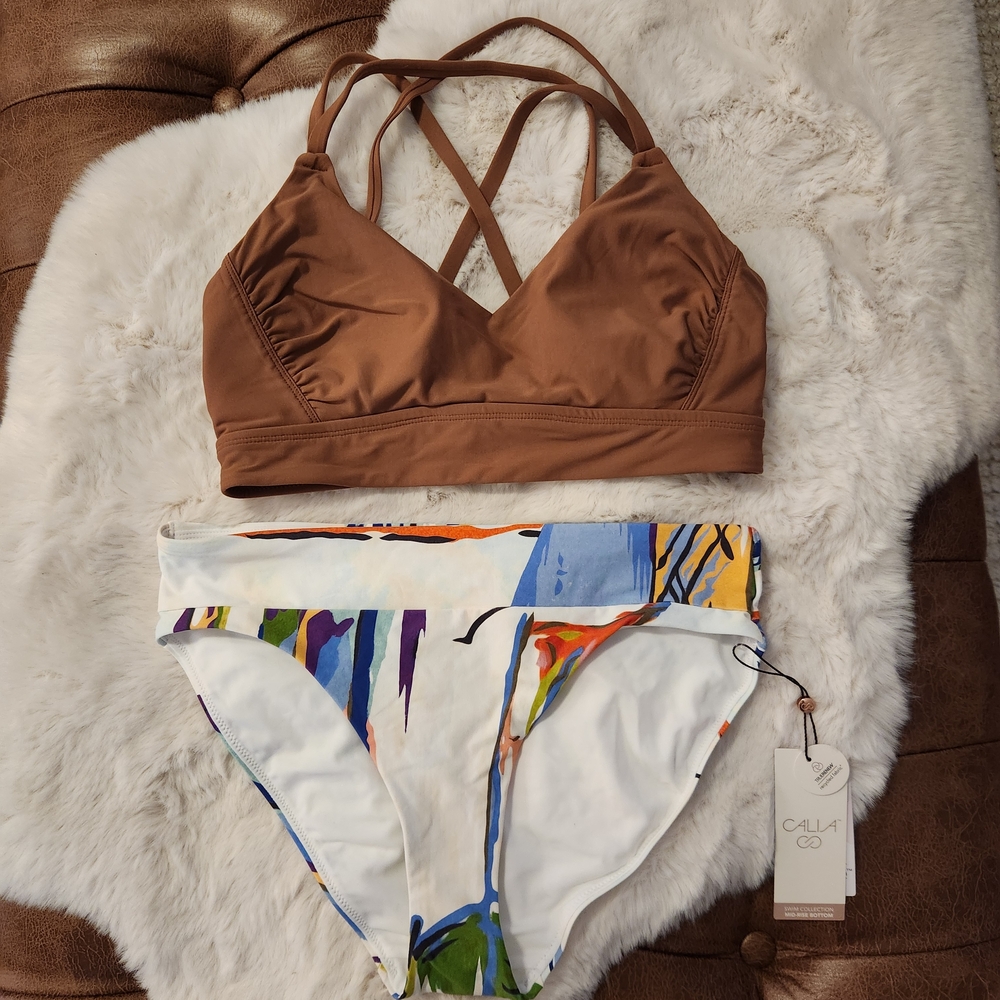 Calia Swimsuit Set Brown Bikini Top with Multicolor Abstract Print Bottom NEW